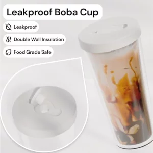Dodoko Reusable Boba Cup with Resealable Lid Plug - 17 Oz Double Wall Insulated | Smoothie Tumbler | Wide Stainless Steel Straw For Bubble Tea, Boba 