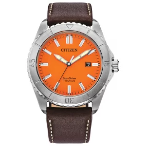 Citizen Men's Eco-Drive Sport Casual Brycen, Silver-Tone Stainless Steel Watch, Brown Leather Strap, Orange Dial (Model: AW1840-09X)