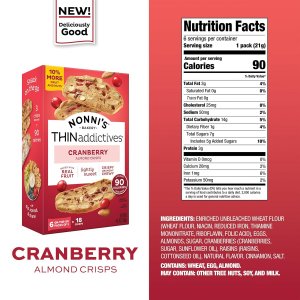 Nonni's THINaddictives Cranberry Almond Nut Cookies, Sweet Crunchy & Chewy Crisps, Individually Wrapped, Kosher Snack, 6 Packs of 3 Crisps, 4.4 oz