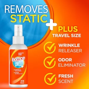 Bounce Anti Static Spray, 3 in 1 Anti Static & Instant Wrinkle Release, Odor Eliminator & Fabric Refresher, Rapid Touch Travel Spray (3 Oz, Pack of 1