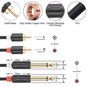 J&D Dual 1/4 inch TS to Dual RCA Stereo Audio Interconnect Cable, Gold Plated Audiowave Series 2 x 6.35 mm Male TS to 2 RCA Male Patch Cord for Speak