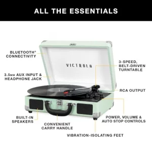 Victrola Journey Bluetooth Portable Suitcase Record Player  with Built-in Speakers, 3 Speed Vinyl Record Player, RCA Out, Headphone Jack (Black)