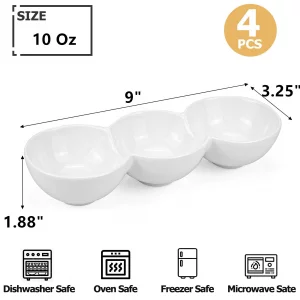 Yesland 3-Compartment Porcelain Appetizer Serving Tray - Set of 4 - White 10 Oz Triplet Bowl, Bowl Set, Perfect for Snacks, Dips, Condiments