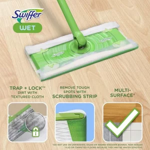 Swiffer Sweep + Mop, Wet Pads Refill, Floor Cleaner for Dirt, Dust, Hair, Cleaning Cloths for Mopping Home, Bathroom, Kitchen, All Purpose Multi-Surf
