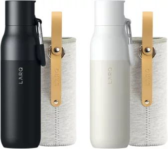 LARQ Frost & Sip Gift Set: Flip Top Obsidian Black & Granite White 17oz Insulated Water Bottles with Straw & 2 x Limited Edition Travel Sleeve with L