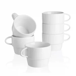 Sweese Porcelain Espresso Cups Set of 6, White Ceramic Espresso Coffee Cups with Handle, 6oz Durable Espresso Coffee Mugs for Home & Cafe
