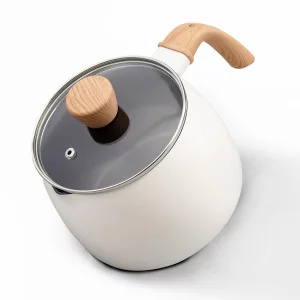 LISOS 2.5 Quart Non-stick Ceramic Sauce Pan with Lid, Small Milk Pots for Cooking with Pour Spout, Aluminum stock Pot Wood Handle for kitchen, PFAS-F