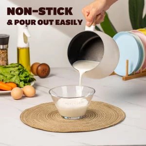 LISOS 2.5 Quart Non-stick Ceramic Sauce Pan with Lid, Small Milk Pots for Cooking with Pour Spout, Aluminum stock Pot Wood Handle for kitchen, PFAS-F