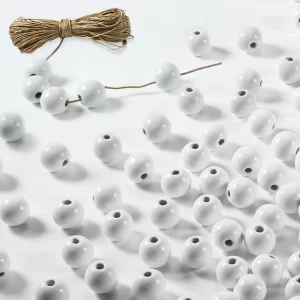 16mm YIPLED 200pcs Christmas Wooden Beads for Crafts with 10m Hemp Rope, Round White Wooden Loose Beads for Jewelry DIY Making, Garland Making and Ho