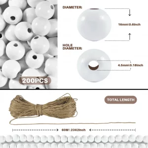 16mm YIPLED 200pcs Christmas Wooden Beads for Crafts with 10m Hemp Rope, Round White Wooden Loose Beads for Jewelry DIY Making, Garland Making and Ho