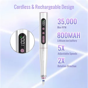 Denabuty Cordless Electric Nail Drill Machine, 13 in 1 Nail File Kit 35000RPM Professional Portable Rechargeable E File for Acrylic Polish Gel Remova