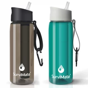 SurviMate Purified Water Bottle for Camping, Hiking, Backpacking and Travel, BPA Free with 5-Stage Intergrated Filter Straw