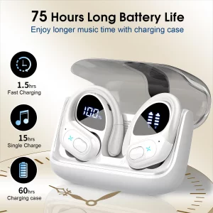 Wireless Earbuds 75hrs Bluetooth 5.4 Headphone Sport, 2026 Bluetooth Earbuds Stereo Deep Bass Over Ear Bud with Earhooks, ENC Noise Cancelling Mic, I