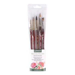 Princeton Artist Brush Co. Watercolor Floral Set - 5pc Short Handle Selection of Synthetic Watercolor Brushes - Petals Angle Shader and 3 Round Water