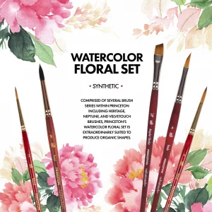 Princeton Artist Brush Co. Watercolor Floral Set - 5pc Short Handle Selection of Synthetic Watercolor Brushes - Petals Angle Shader and 3 Round Water