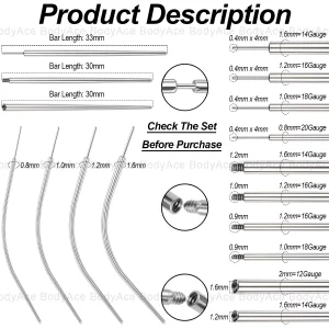 BodyAce 14G 16G 18G 20G Piercing Taper, Stainless Steel Threadless Insertion Pin Screw On Assistant Tool, Curved Body Piercing Stretching Kit for Ear
