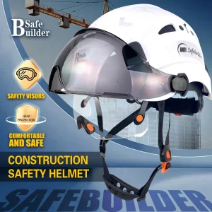 SAFEBUILDER Safety Helmet Hard Hat with Visor Adjustable Lightweight Vented Work Hard Hats for Men ANSI Z89.1 Approved Industrial (01-White Helmet wi