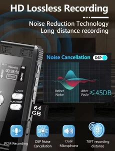 64GB Digital Voice Activated Recorder with Playback - 4552 Hours Audio Recording Device, 3072Kpbs HD Dual MIC Tape Recorder Device for Lecture A-B Re