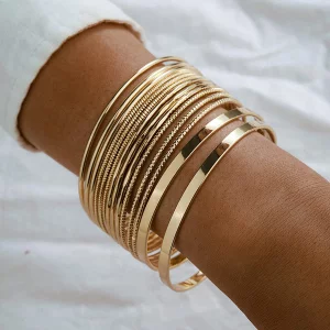 Xerling 14Pcs Golden Boho Indian Multi Bangle Bracelet Set Punk Chunky Stackable Textured Bracelets for Women Layered Cable Smooth Bracelets