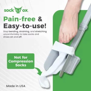 Sock Ox by Easy To Use Products, adjustable sock aid device for seniors, not for compression socks, travel-friendly for elderly with built-in shoe ho