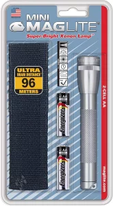 MagLite Mini Incandescent Flashlight Compact, Water-Resistant, Twist On/Off, 2-Cell AA Battery-Powered with Holster Gray