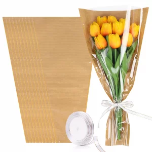DIYASY 50 Pcs Flower Wrapping Bags for Bouquets, Kraft Paper Floral Packing Sleeves with Ribbons Florist Wrap Supplies for Wedding Mother's Day Gradu