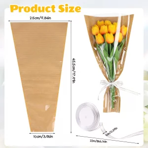 DIYASY 50 Pcs Flower Wrapping Bags for Bouquets, Kraft Paper Floral Packing Sleeves with Ribbons Florist Wrap Supplies for Wedding Mother's Day Gradu