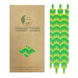 Green Bamboo Printed Paper Drinking Straws, 100 Pack Biodegradable Disposable Bamboo Pattern Straw for Cocktail, Party Decoration