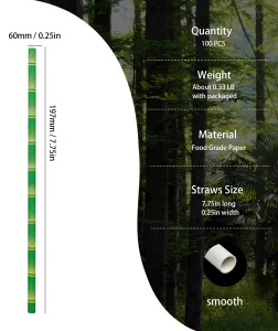 Green Bamboo Printed Paper Drinking Straws, 100 Pack Biodegradable Disposable Bamboo Pattern Straw for Cocktail, Party Decoration