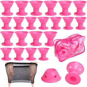 JANYUN 40 Pcs Pink Magic Hair Rollers Include 20pcs Large Silicone Curlers and 20pcs Small Silicone Curlers
