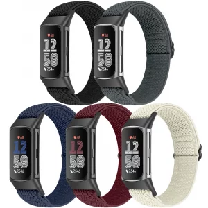 Bcuckood 5 Pack Elastic Nylon Watch Bands Compatible for Fitbit Charge 6/Fitbit Charge 5, Adjustable Breathable Replacement Stretchy Nylon Loop Wrist