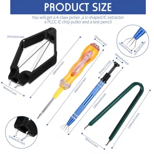 4 Pieces IC Chip Remover Tool IC PLCC Chip Extraction Tool Extractor Puller 4-Claw Prongs Grabber and Keyboard Key Switch Test Pencil for Disassembly