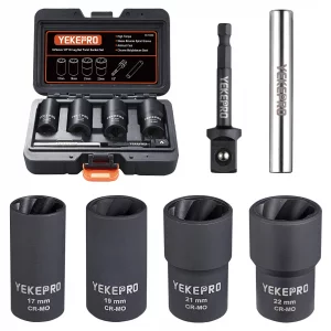 YEKEPRO 6 PCS Lug Nut Removal Tool, 1/2-inch Drive Impact Twist Socket Set & Bolt Extractor Set, 17,19,21,22MM Wheel Lock Removal Kit for Removing Da