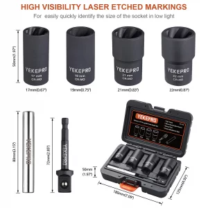 YEKEPRO 6 PCS Lug Nut Removal Tool, 1/2-inch Drive Impact Twist Socket Set & Bolt Extractor Set, 17,19,21,22MM Wheel Lock Removal Kit for Removing Da