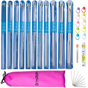 BCMRUN Knitting Needle Set, 22PCS 2mm(B)-8mm(L) Straight Single Pointed Stainless Steel Sweater Needles Set(11Pair-11 Size,9.8 inch) with Locking Sti