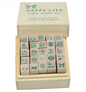 Pack of 25 Pcs Small Green Happy Life Shape Wooden Rubber Stamps with Box for DIY Craft Card and Photo Album (Green)