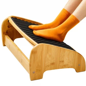 HUANUO Bamboo Under Desk Footrest, Ergonomic Foot Rest with 4 Height Options & Adjustable Angles, Pebble Massage Surface, Non-Slip Foot Rest for Unde