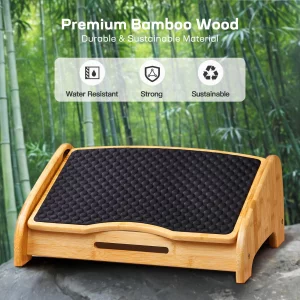 HUANUO Bamboo Under Desk Footrest, Ergonomic Foot Rest with 4 Height Options & Adjustable Angles, Pebble Massage Surface, Non-Slip Foot Rest for Unde