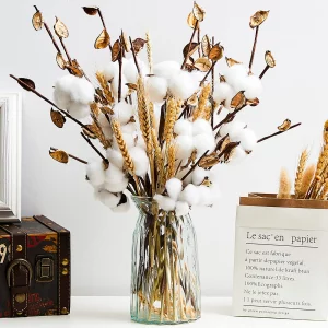 Tallew 24 Pieces Farmhouse Cotton Flowers 17.7 Inch Fake Artificial Cotton Stems with Head Dried Wheat Stalks Natural Wheat Bouquet Bunch for Graduat