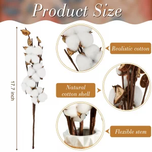 Tallew 24 Pieces Farmhouse Cotton Flowers 17.7 Inch Fake Artificial Cotton Stems with Head Dried Wheat Stalks Natural Wheat Bouquet Bunch for Graduat