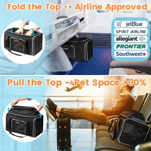 Petskd Top-Expandable Pet Carrier 17x12x8.5 Inches JetBlue Allegiant Spirit Airline Approved, Soft-Sided Carrier for Small Cats and Dogs with Locking