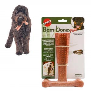 SPOT Bam-Bones Plus T Bone - Bamboo Fiber & Nylon Dog Chew Toy for Moderate to Aggressive Chewers, Non-Splintering, Long-Lasting, 7in Beef Flavor, fo
