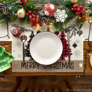 Artoid Mode Red Pine Trees Balls Merry Christmas Placemats Set of 6, 12x18 Inch Winter Xmas Table Mats for Party Kitchen Dining Decoration