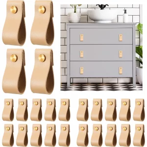 BBTO 24 Pieces PVC Leather Drawer Pulls Handmade PVC Leather Cabinet Furniture Knobs Handle Wardrobe Door Handle Pulls Knob for Dresser Drawers Cabin