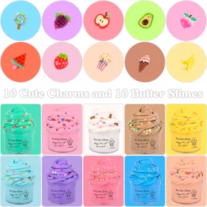 Premium Scented Butter Slime,10 Pack Slime,with Peach Charm,Watermelons,Apples and More Charms,10 Fun Add Ins,Pre-Made Slime for Kids,Great 6 Year Ol