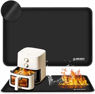 Heat Resistant Mat for Air Fryer Site, Fireproof Silicone Mat for Kitchen Countertop, Non-slip and Waterproof, Countertop Protector (Black, 17.5