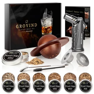 Grovind Whiskey Smoker Kit,Cocktail Smoker Kit with Torch,Bourbon smoker kit,Old Fashioned Smoker kit,Drink Smoker Infuser Kit with Wood Chips,Birthd