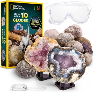 National Geographic Break Open 10 Premium Geodes  Includes Goggles & 2 Display Stands - Great STEM Science Kit, Geology Gift for Kids, Break Your Ow