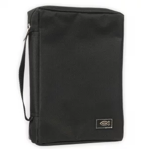 Christian Art Gifts Men or Women's Bible Cover Secure Zipper Jesus Fish, Black Canvas, Medium