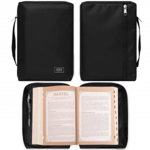 Christian Art Gifts Men or Women's Bible Cover Secure Zipper Jesus Fish, Black Canvas, Medium